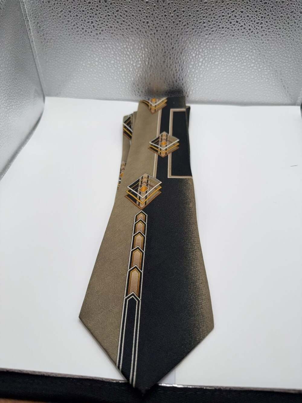 Naboth Hand Made Silk Necktie Geometric Pattern Tan and Black